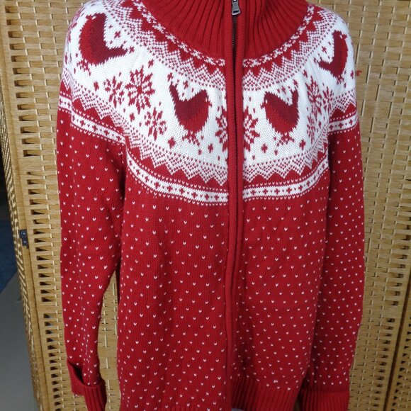 Talbots Red Full Zip Cardigan Sweater Nordic Fair Isle Cardinals Cotton - Picture 5 of 12